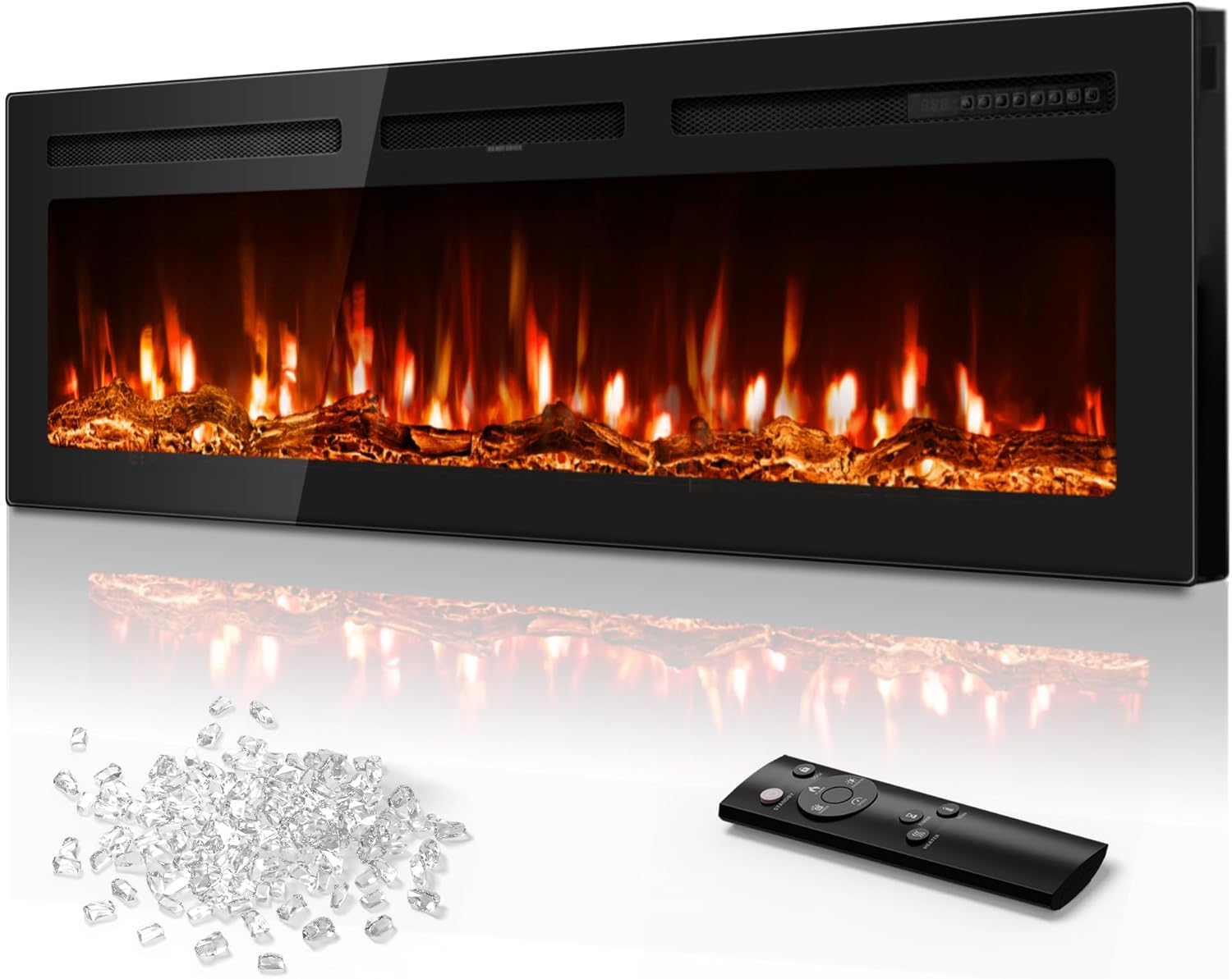 Tehanld 60 Inch Electric Fireplace in-Wall Recessed and Wall Mounted, Ultra-Thin Linear Fireplace Heater 750/1500W with Realistic Flame, Higher Temperatures & Lower Noise, Log Set & Crystal Options