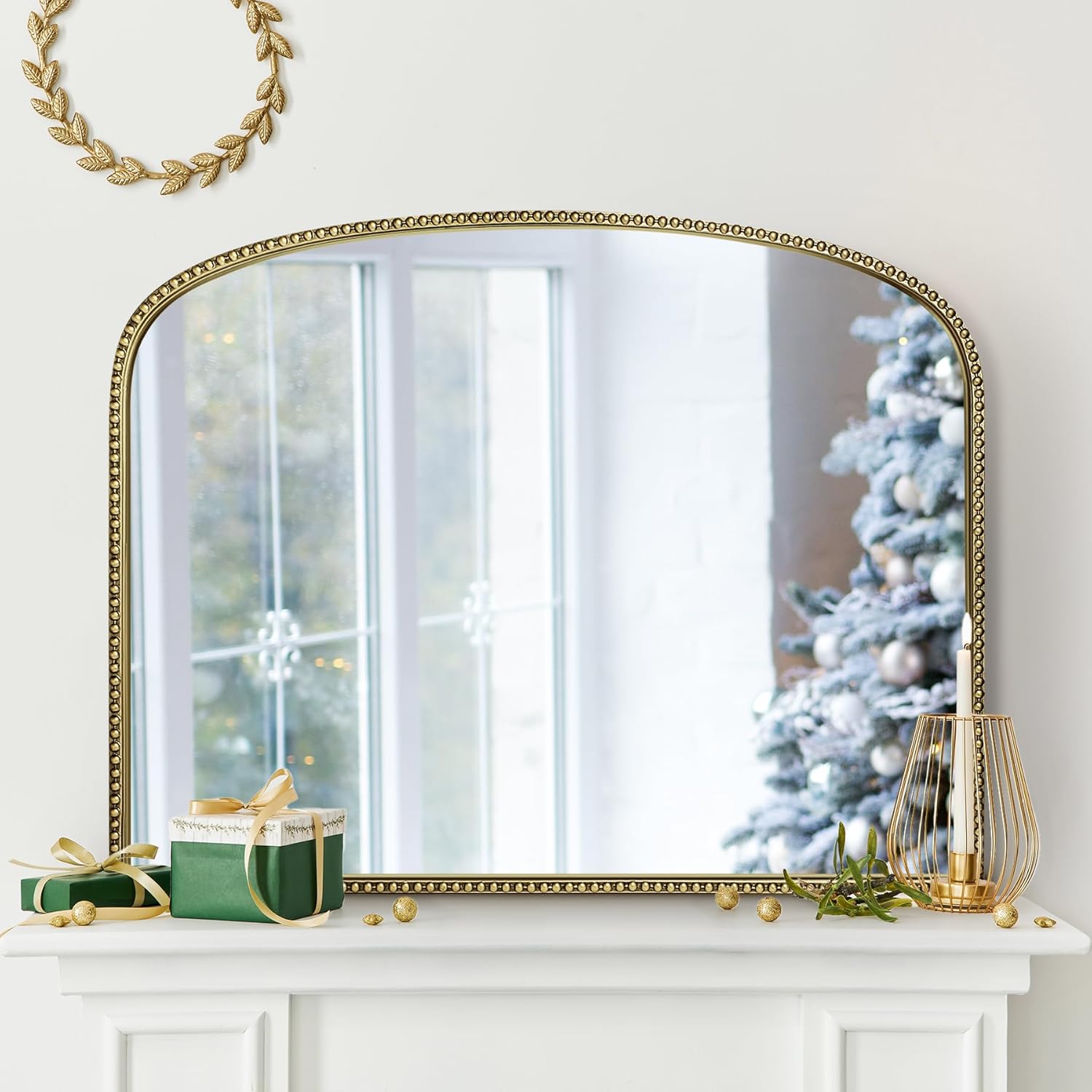 36X28 Arched Mirror,Metal Beaded Frame Mirror for Wall,Ornate High-Definition Mirrors,Fit for Fireplace, Living Room,Hallway,Bathroom,Antique Gold