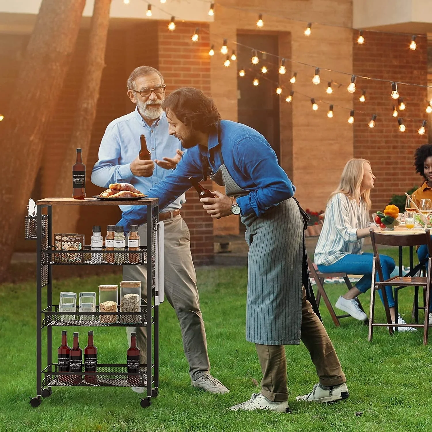 Kleio Wood Kitchen Cart 4-Tier Storage Mobile Utility with Wheels and Baskets