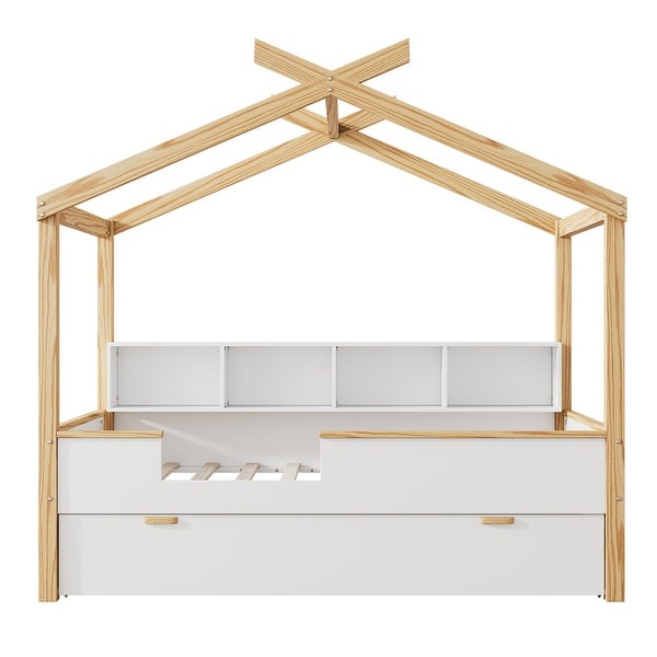 Wooden Full Size House Bed with Original Wood Colored Frame Twin Size Trundle and Bookshelf Storage Space for Kids,White