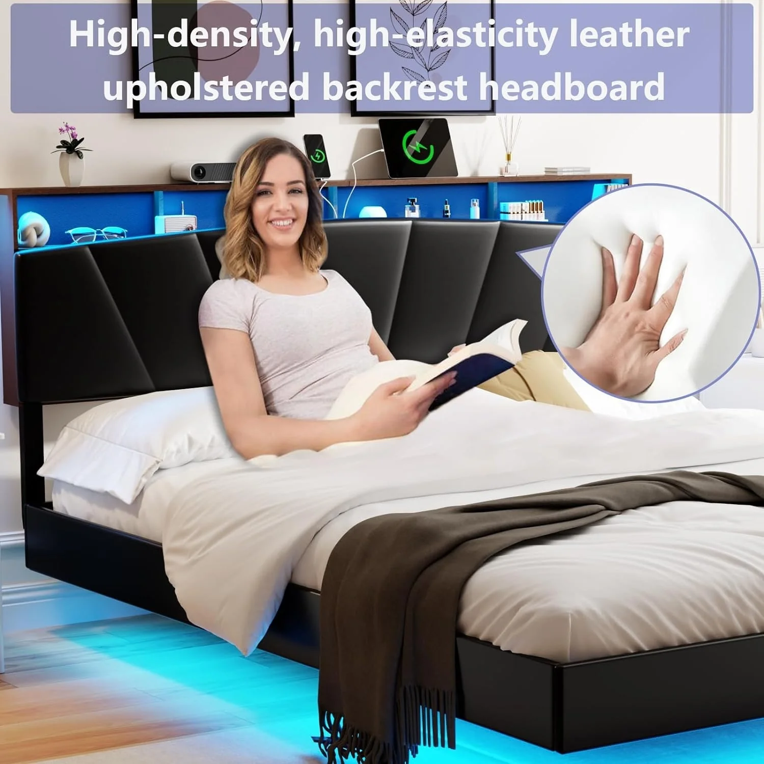XINMICS Floating Bed Frame Queen/King Size with Charging Station & Storage