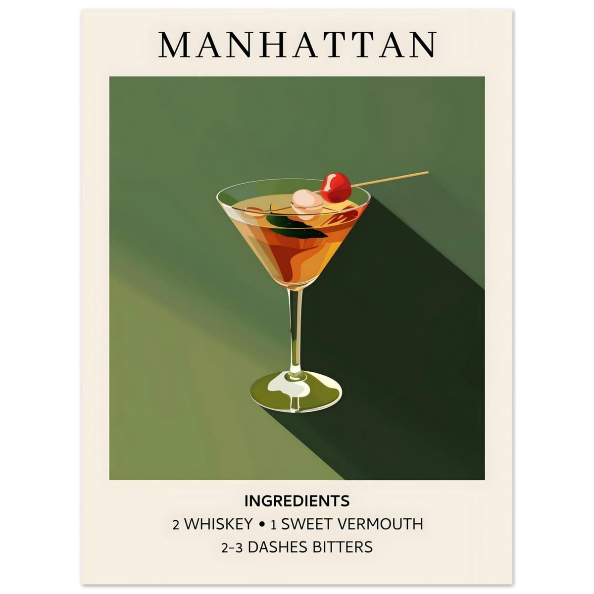 Artfulprints Poster Manhattan cocktail - Ingrediënten  - 30x40 cm - Groen