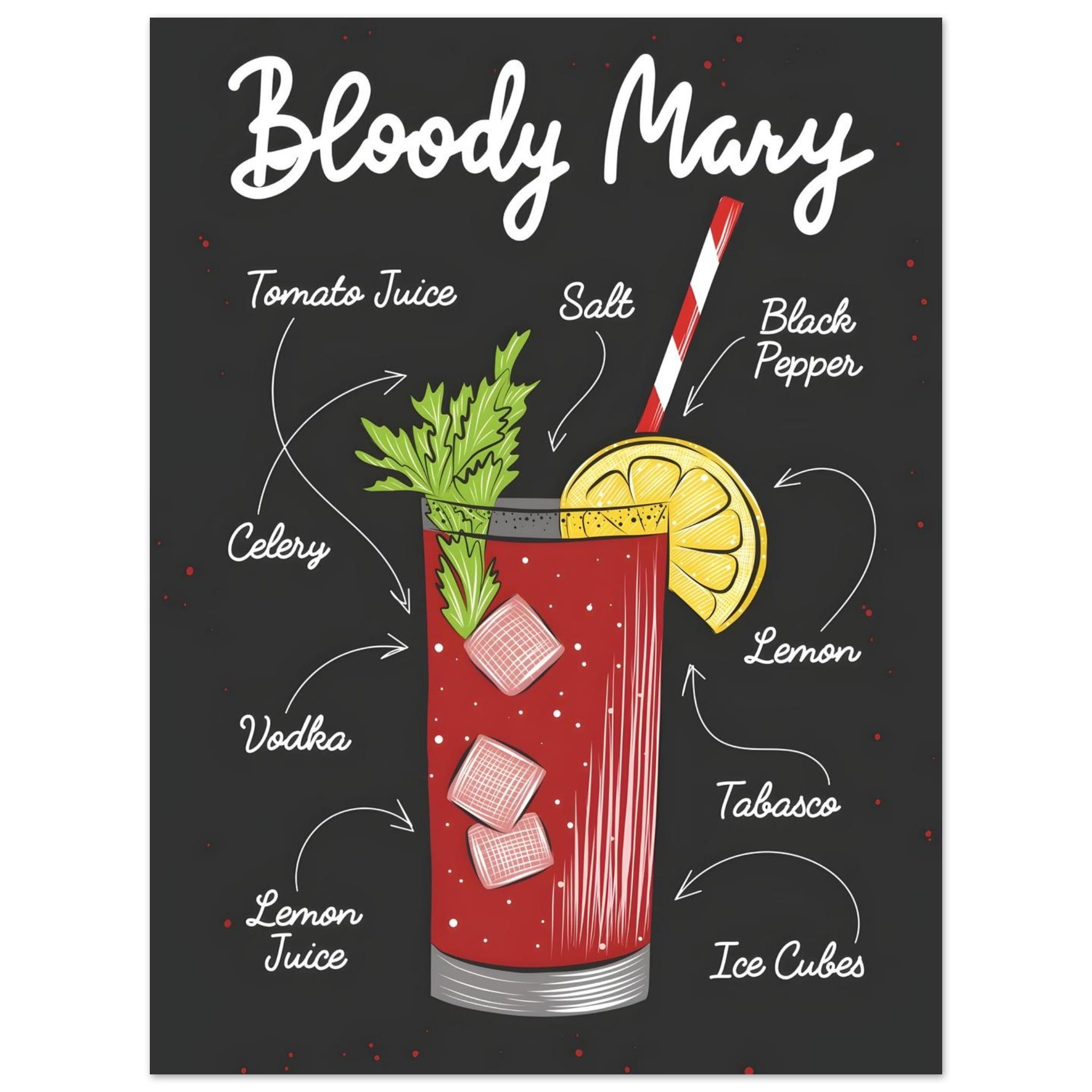 Artfulprints Bloody Mary cocktail – Illustratie  poster 30x40 cm