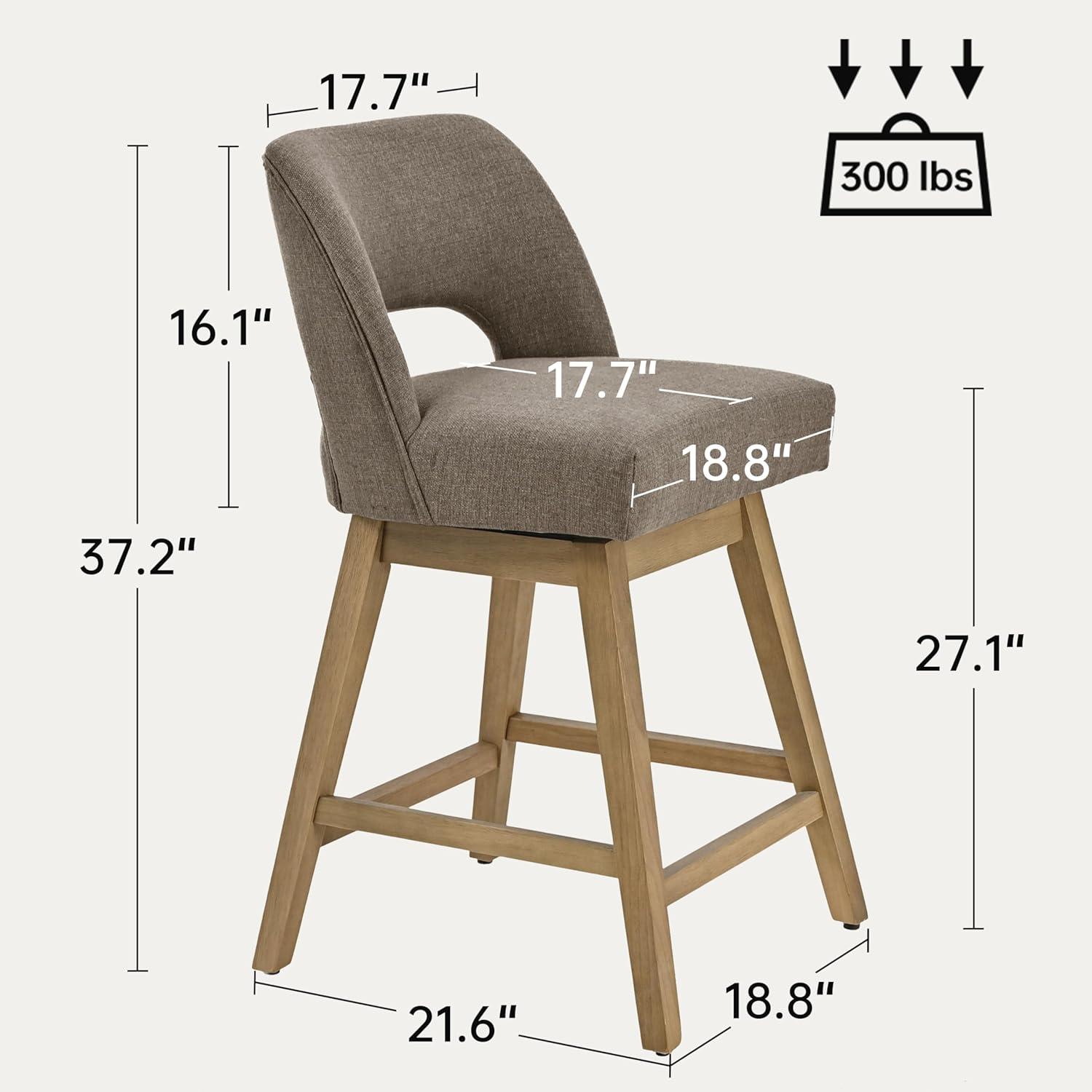 VKNOW 27 Swivel Bar Stools Set of 2, Upholstered Counter Height Bar Stools with Backrest and Rubberwood Legs, Fabric Barstools for Kitchen Island, Breakfast Bar, Living Room, Dining Room, Brown