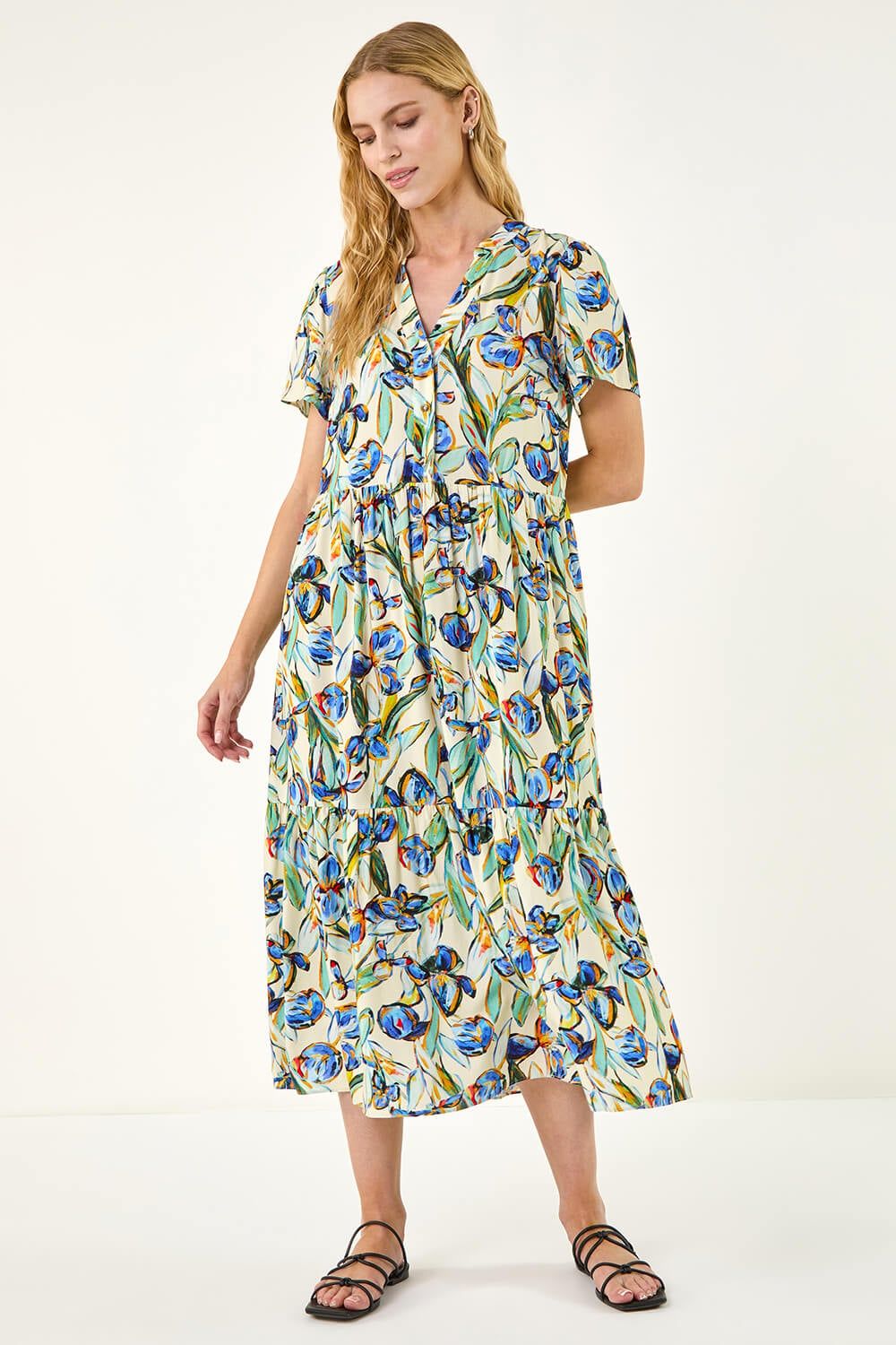 Roman Floral V-Neck Midi Dress