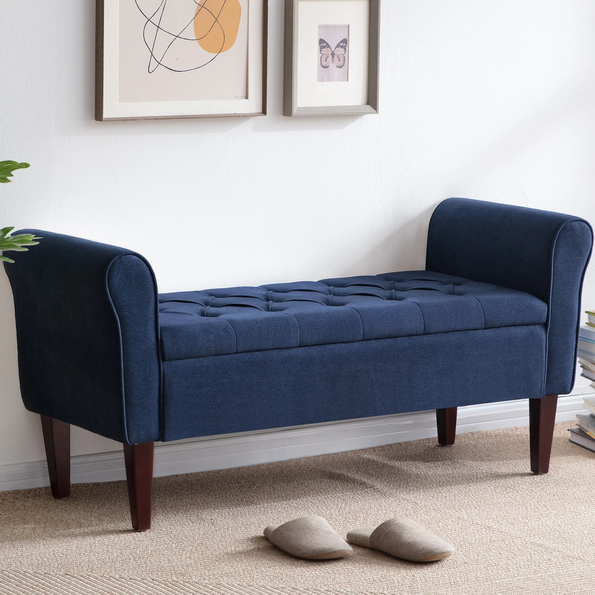 Arm Fabric Storage Ottoman Bench with Solid Wood Legs, 48W x 18D x 23H