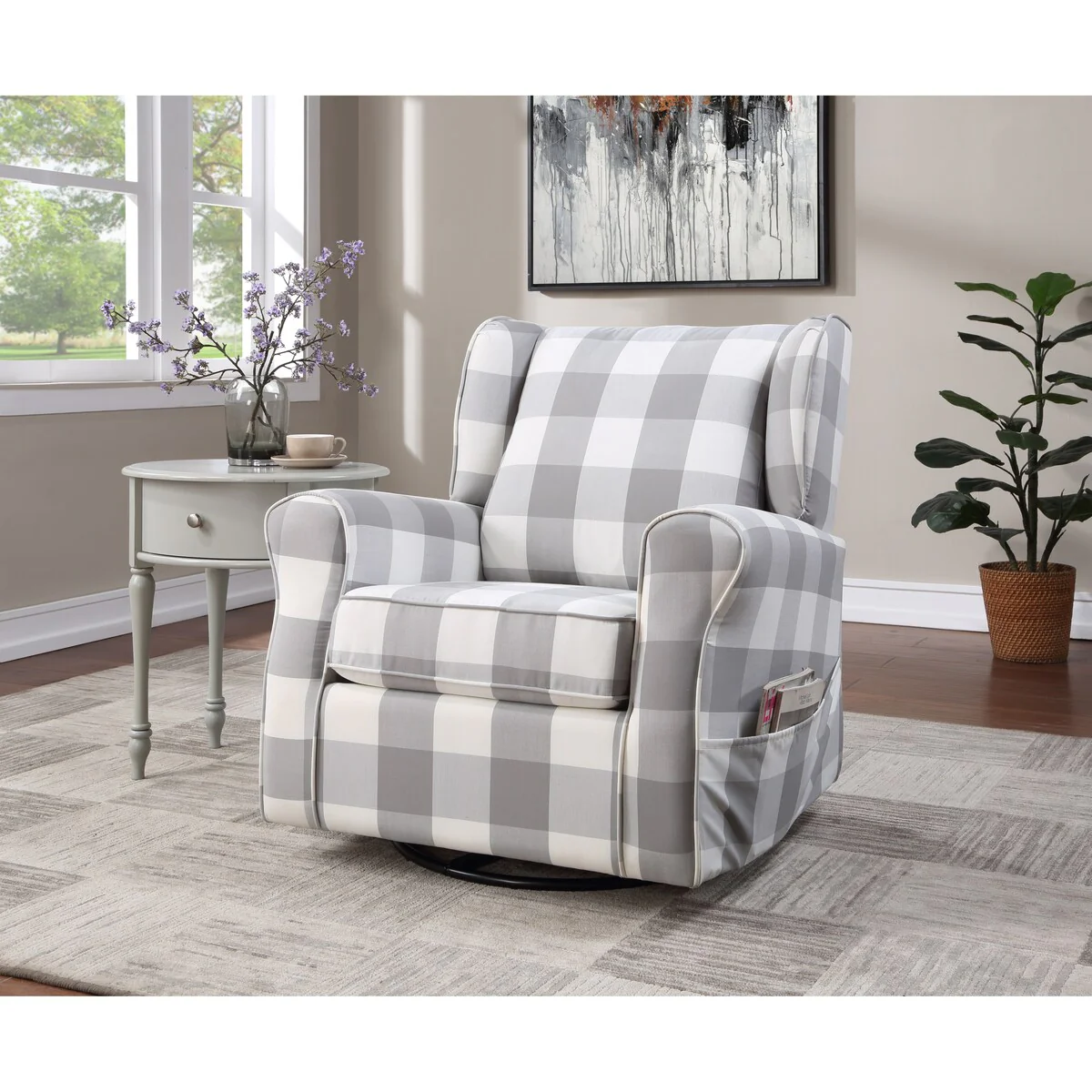 Modern Home Swivel Chair Removable Cushion Cover Thicken Padded Seat with Both Sides Storage Pockets with Glider & Metal Leg