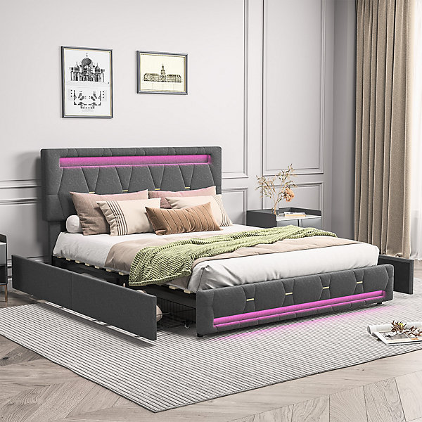 Lit 140x200 avec Sommier LED et USB,Lit capitonné avec 4 tiroirs et Grand Rangement Lit,Gris