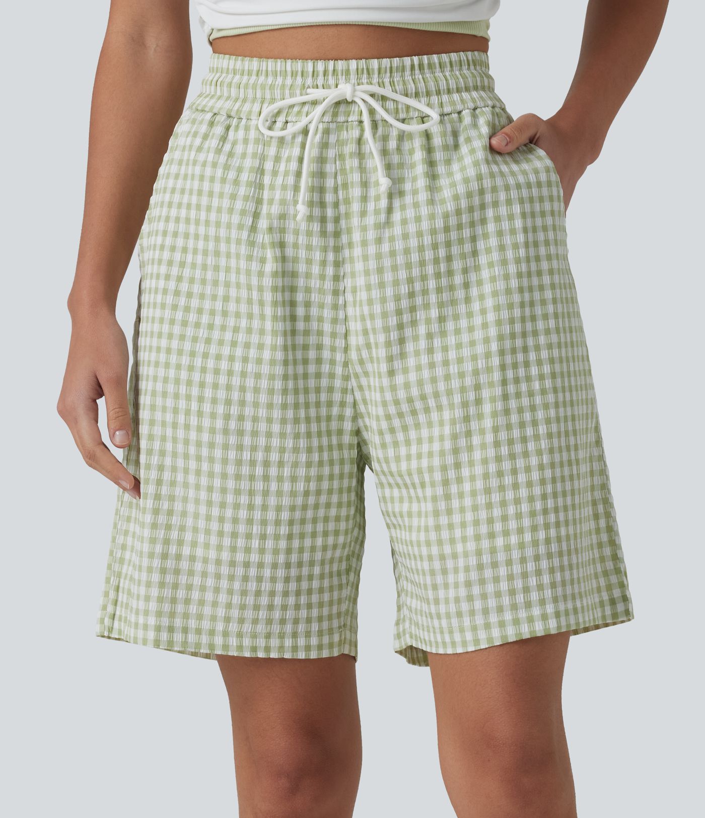 Short ample taille haute à carreaux vichy avec cordon de serrage et poches