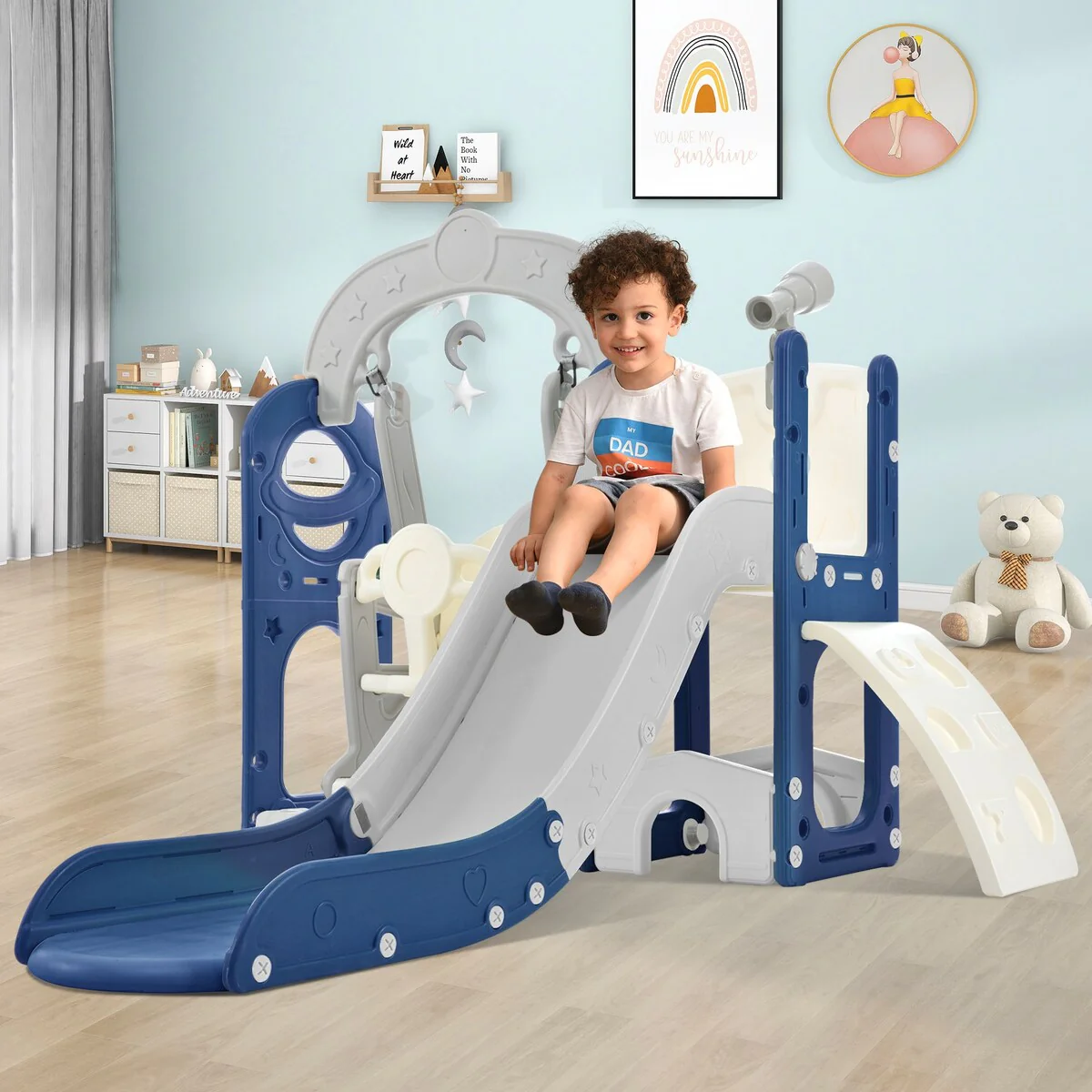 Toddler Slide and Swing Set 5 in 1, Kids Playground Climber Slide Playset with Telescope, Freestanding Combination for Babies