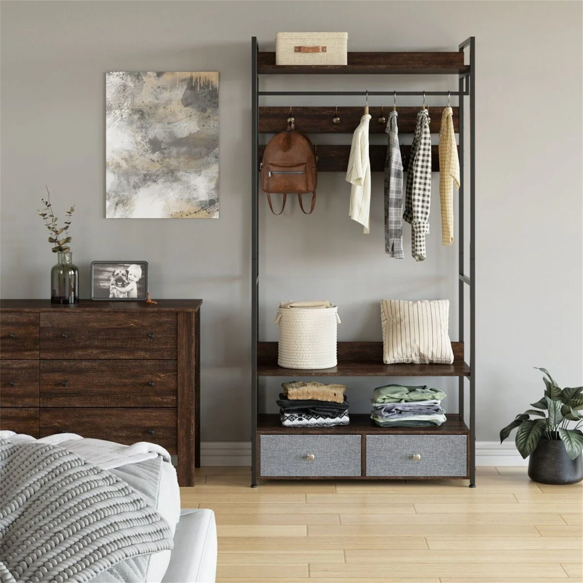 5 in 1 Coat Rack with 9 Hooks, 2 Drawer Hangers and Shoe Cabinet