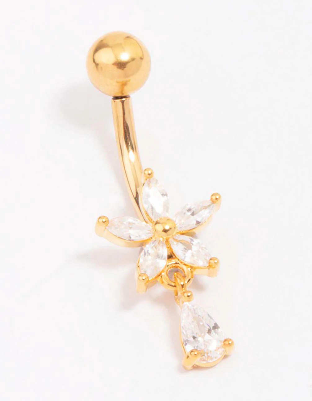 Gold Plated Titanium Cubic Zirconia Flower Pear Threadless Belly Bar