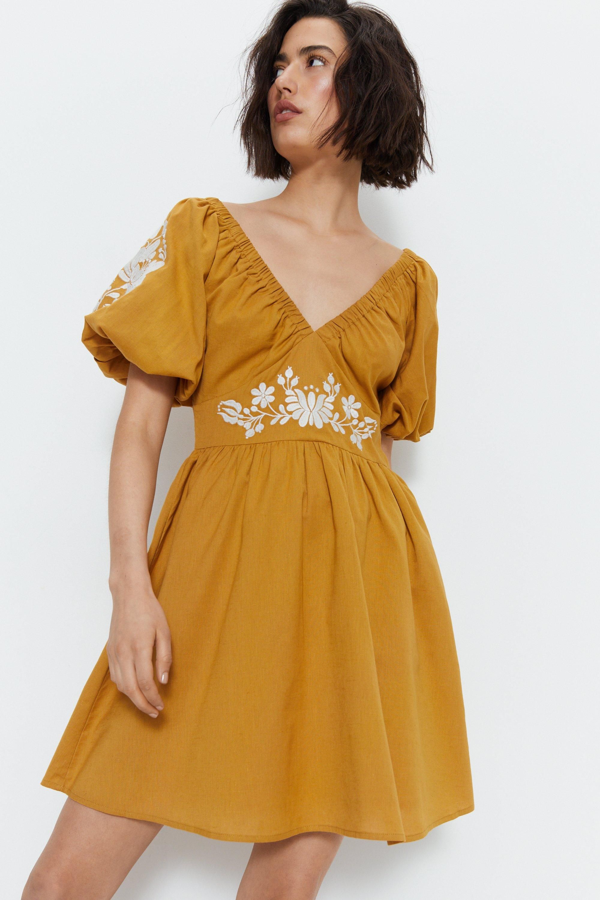 Warehouse Embroidered Puff Sleeve Mini Dress