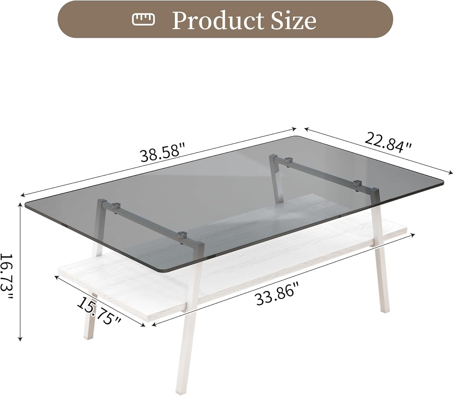 Casaphoria Modern Rectangle Coffee Table for Living Room, 2-Tier Center Table with Gray Tempered Glass Top, White Wooden Shelf & Metal Legs, 38.6 Inch, Gray/White
