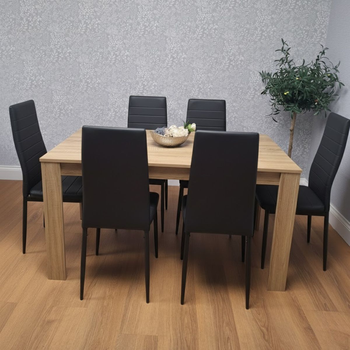 KOSY KOALA Oak Effect Dining Table Set With 6 Black Faux Leather Chairs Dining Room Furniture