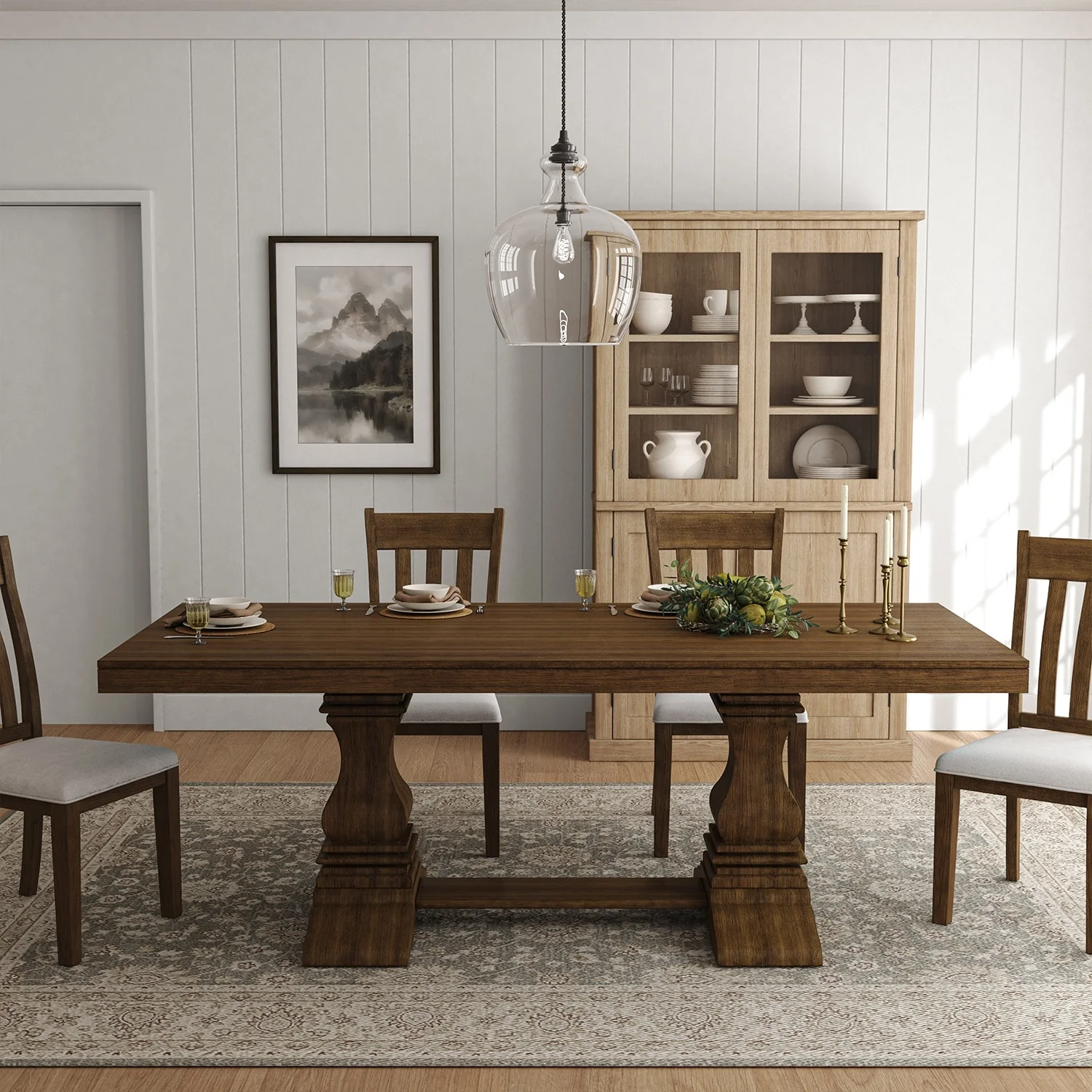 Pawel 86 Farmhouse Double Pedestal Dining Table with Two Built-in Divided Drawers by HULALA HOME