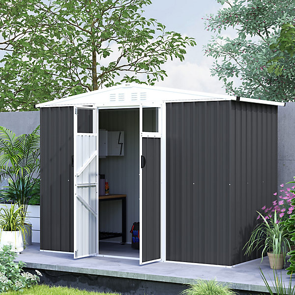 Abri de jardin surface 2,7 m² - 2 portes verrrouillables avec fenêtres - évents aération - tôle d'acier gris blanc