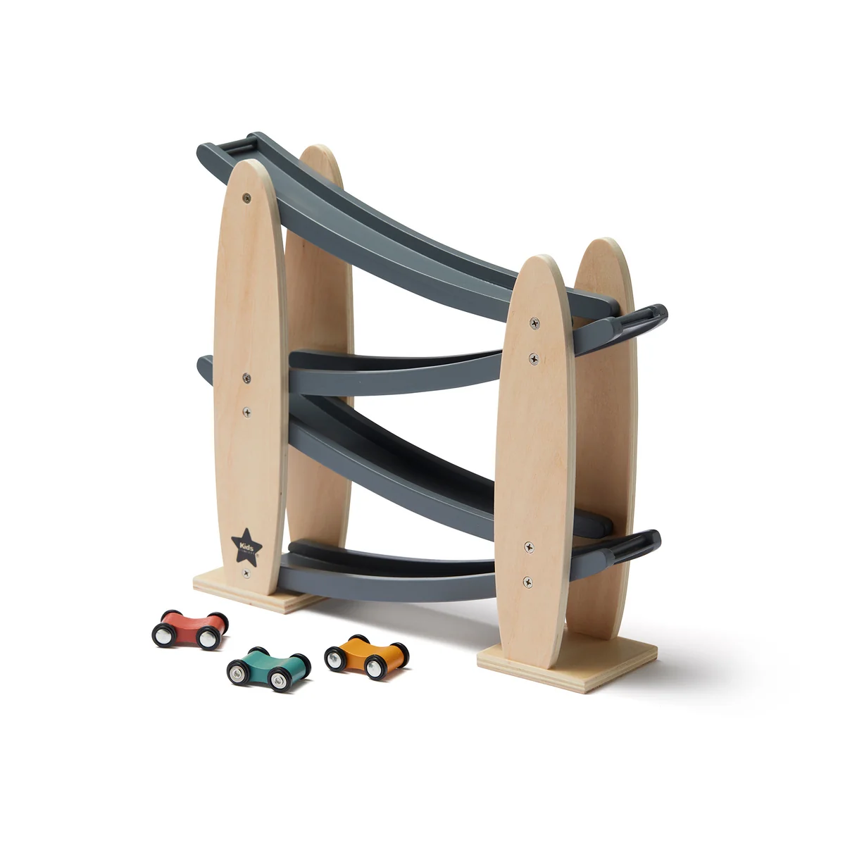 Kids Concept - Aiden Kugelbahn mit Autos, grau / natur (4er-Set)