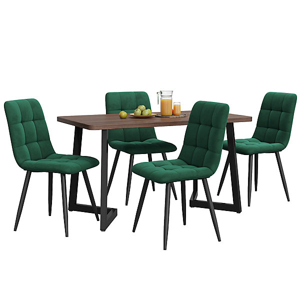 Ensemble table et chaises 117x68x75 cm avec 4 chaises assise rembourrée velours, table MDF finition noyer