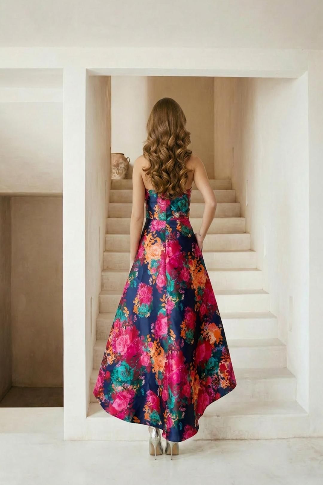 Chi Chi London Bandeau Sweetheart Floral Wrap Detail Dip Hem Dress in Navy