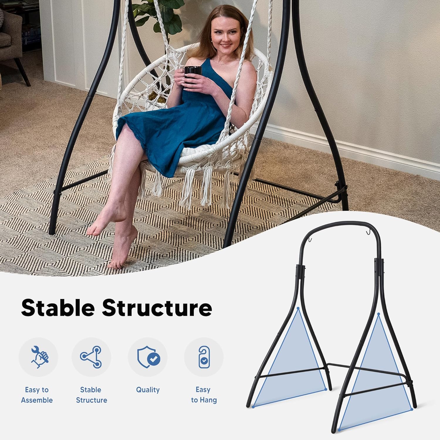 SUNCREAT Indoor Hammock Swing Chair with Stand, Hanging Chair Outdoor with Stand, 400 lbs Capacity, Beige