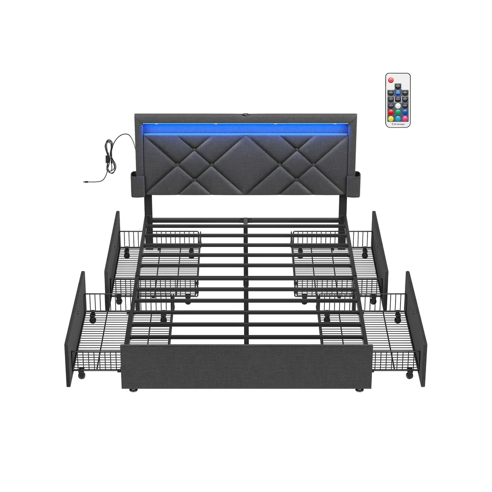 Lit double avec LED en métal et tiroirs pour chambre confortable