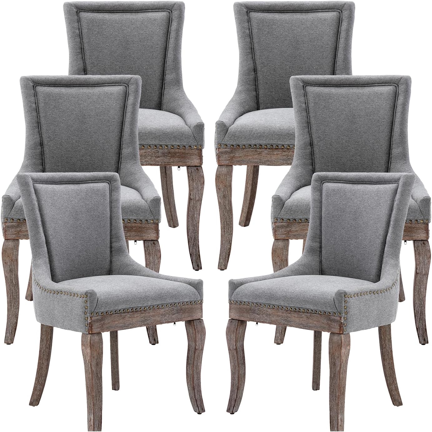Modern Dining Chairs Set of 6, Fabric Upholstered High Back Chairs with Nailhead Trim and Curved Solid Wood Legs, Sillas de Comedor Accent Chairs for Dining Room, Gray