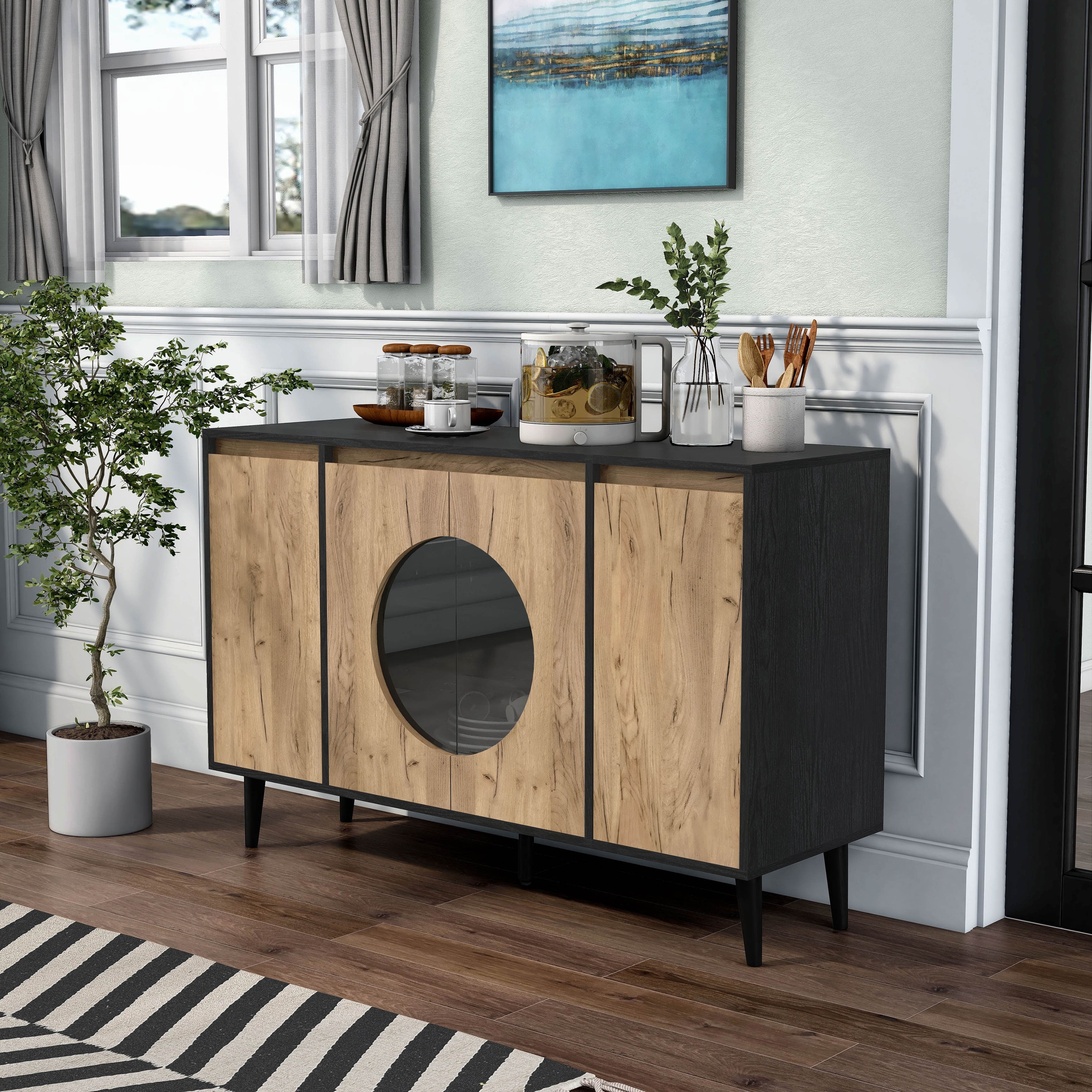 DH Basic Mid-Century Modern Light Oak and Black 6-shelf Buffet by Denhour