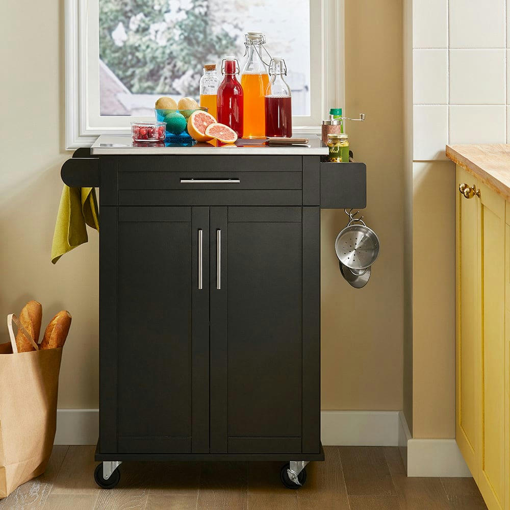 - Desserte roulante de cuisine avec 1 tiroir et 2 portes effet bois noir