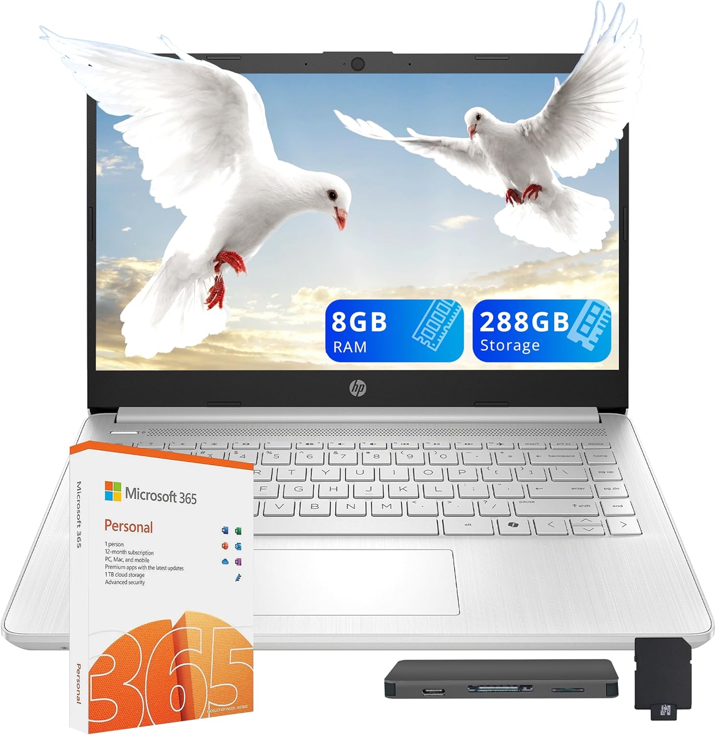 HP Stream 14 HD Laptop, Intel Processor N150, 8GB RAM, 288GB Storage (128GB UFS+160GB Docking Station Set), Intel Graphics, 1 Year Office 365, Copilot, Wi-Fi 6, Win 11, Natural Silver