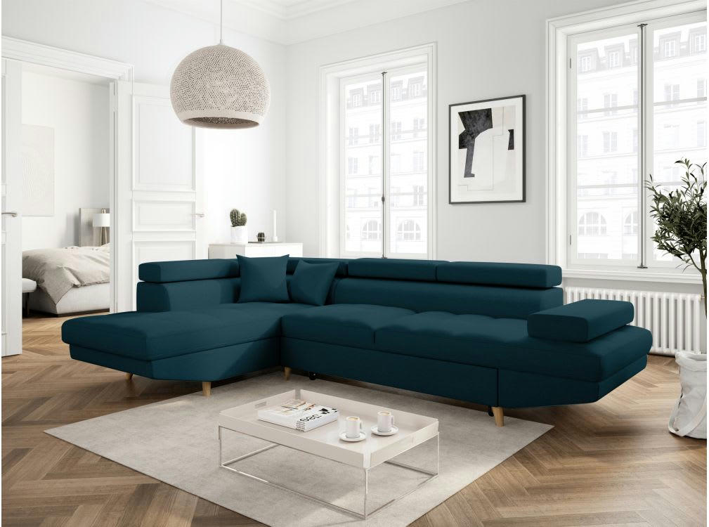 RIO SCANDI - Canapé angle gauche convertible, coffre en tissu - Bleu - Pieds bois