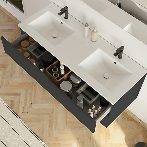 Meuble sous vasque seul, 2 tiroirs, 120cm, double vasque - noir - LUNA