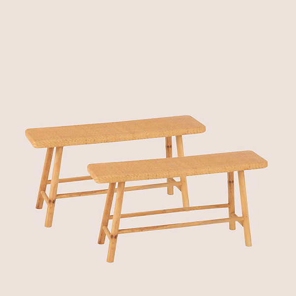 Bancs 2 personnes en pin et rotin naturel L92 (lot de 2)- LAOS