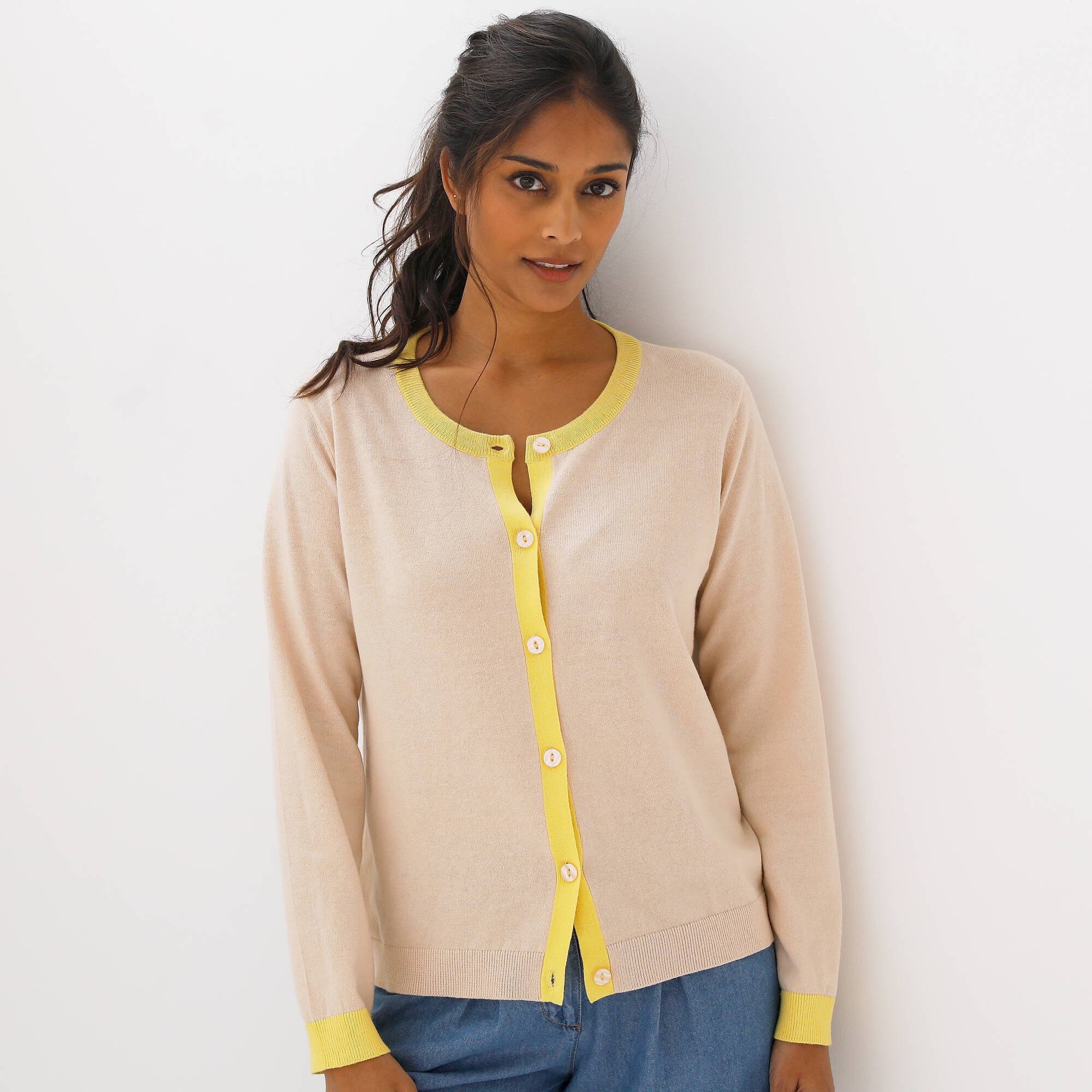 Gilet col rond bicolore, boutonné