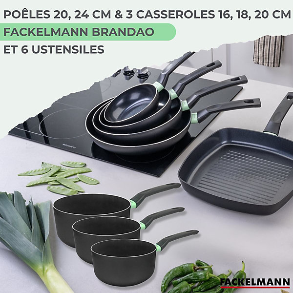 Lot Poêles 20/24cm &Casseroles 16/18/20cm Fackelmann Brandao avec 5 ustensiles Vario