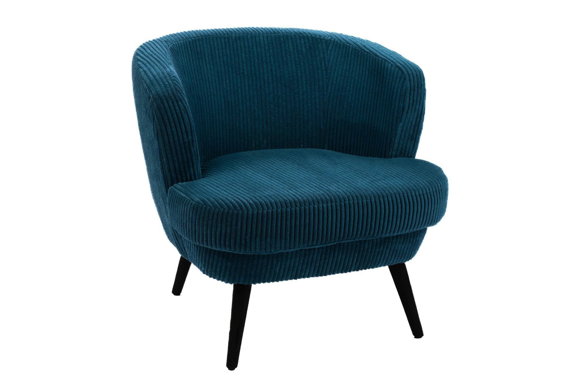 DAGOBERT - Fauteuil rétro en velours côtelé bleu et piétement noir