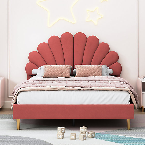 Lit double 140 x 200,lit 140 x 200,lit rembourré,lit adulte avec tête de lit en forme de fleur, velours bordeaux