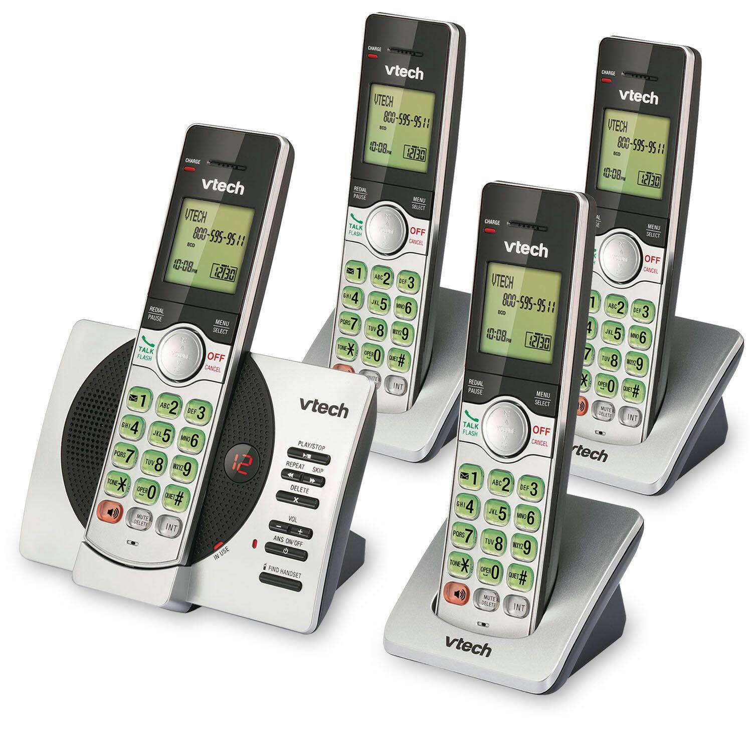 VTech DECT 6.0 Cordless Phones with Digital Answering System and Caller ID/Waiting, 4 Handsets, Silver/Black