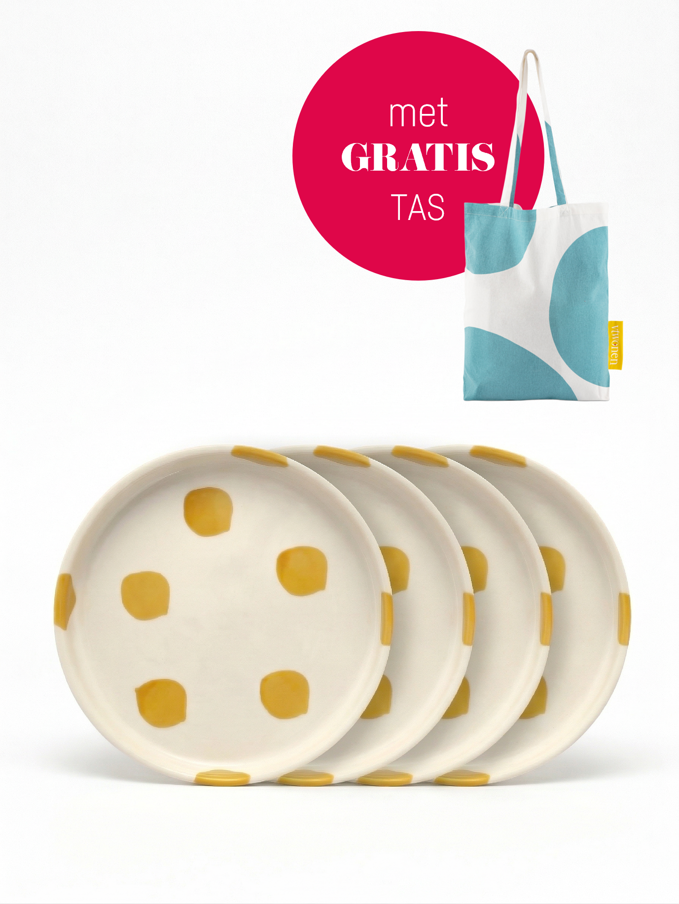 vtwonen - Gebaksbord - Stippen - Geel - Keramiek - 13cm - Set van 4