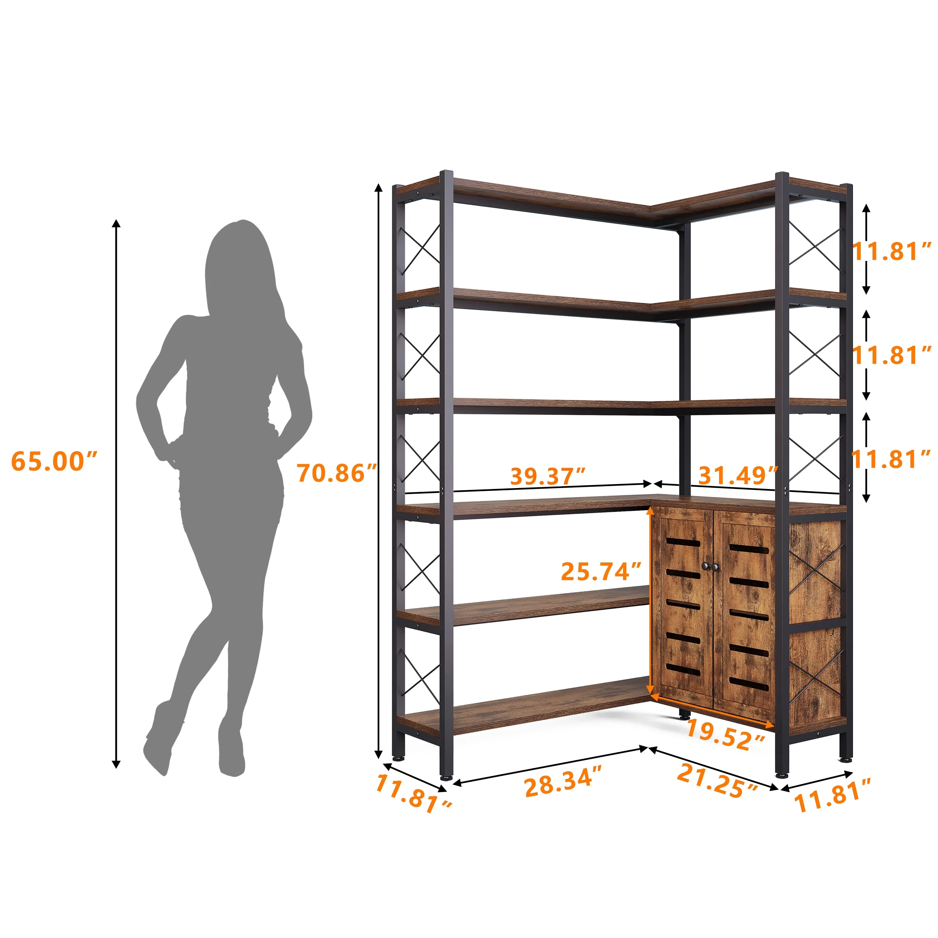 6-Shelf Corner Bookshelf, Vintage Industrial Corner Bookshelf Etagere Bookcase,with storage cabinet