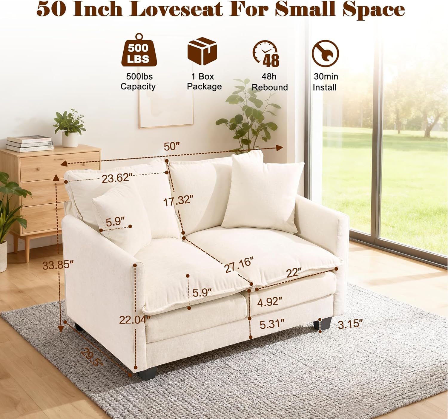 Loveseat Sofa Cloud Sofa Couch 50'', Modern Loveseats 2 Seat Couch 27 Deep Seat with 2 Pillows for Small Spaces Apartment Studio Office Bedroom Living Room 8834-BEIGE-1