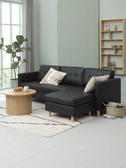 Sofa FALSLEV chaiselong sort kunstlæder