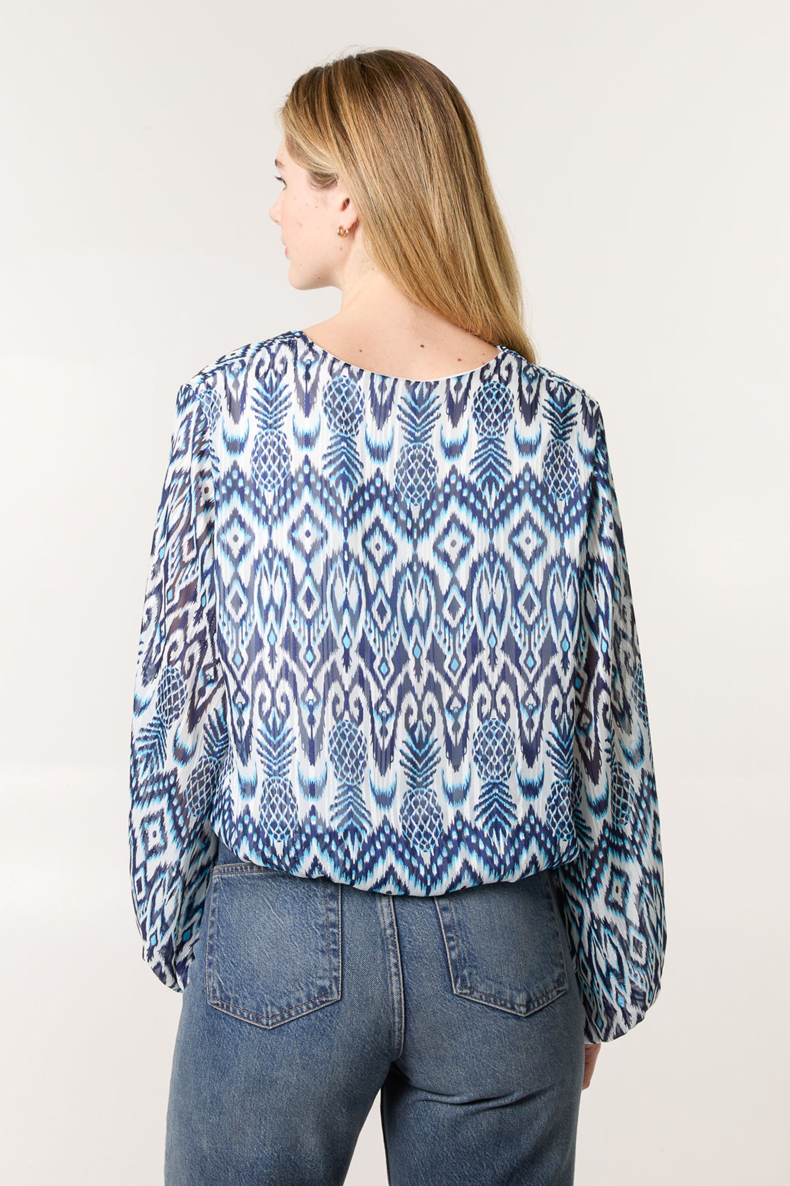 Blue Vanilla Navy Abstract Printed V Neck Puffball Top