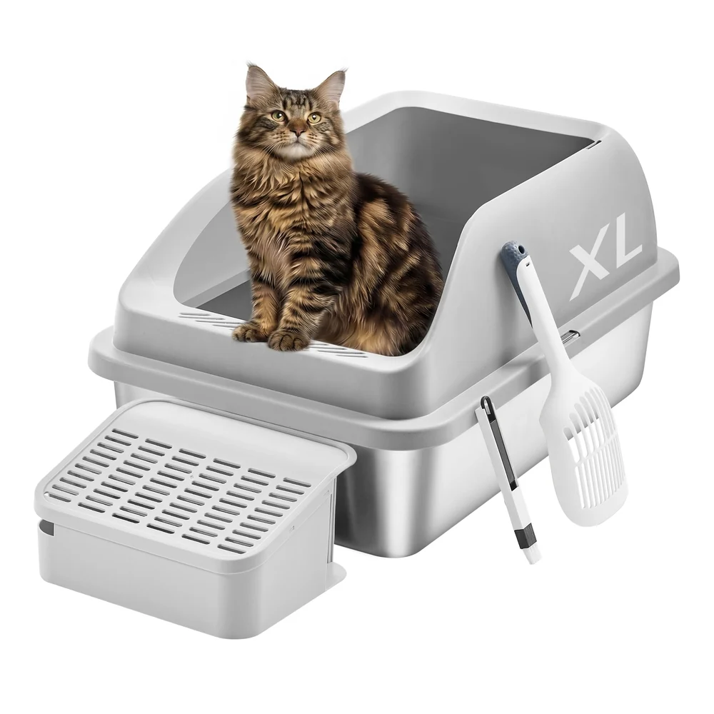 Bac à litière pour chat en acier inoxydable ouvert