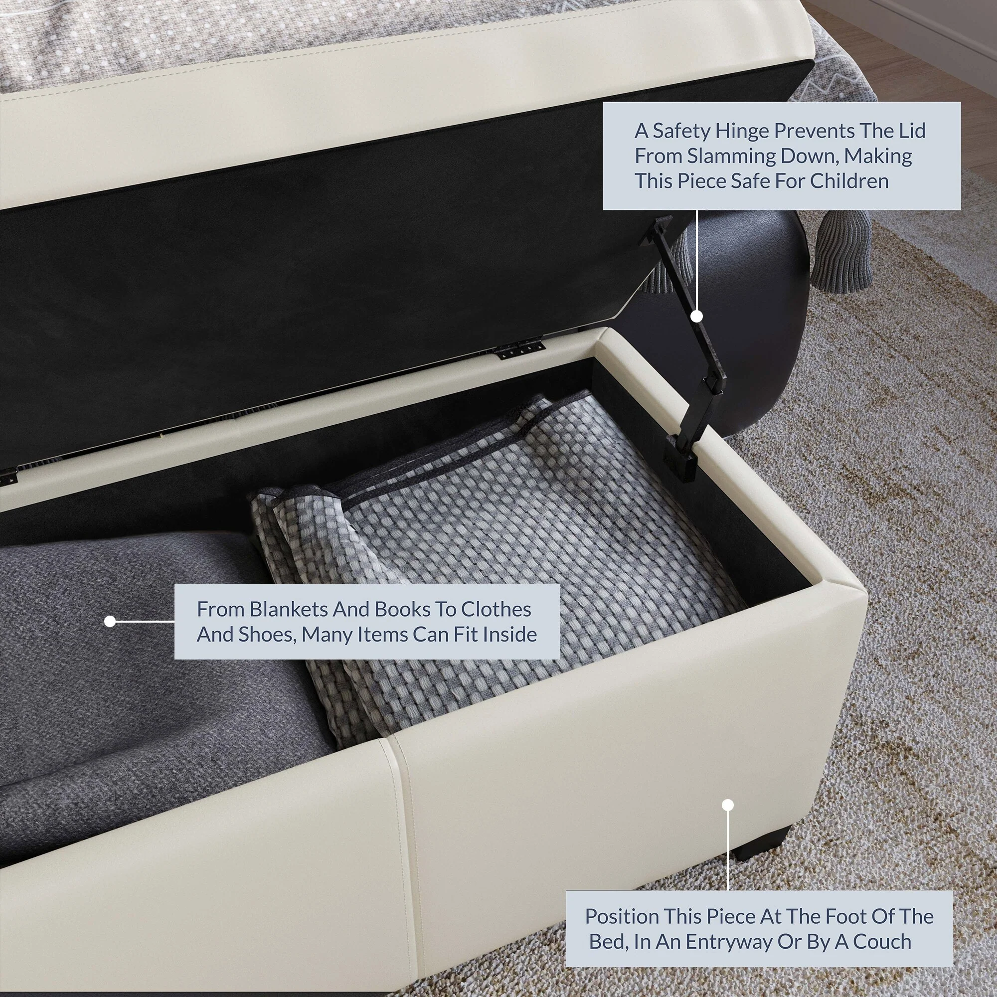 Belleze Ottoman Storage Bench Room Home Faux Leather 47 inch -Cream - Cream