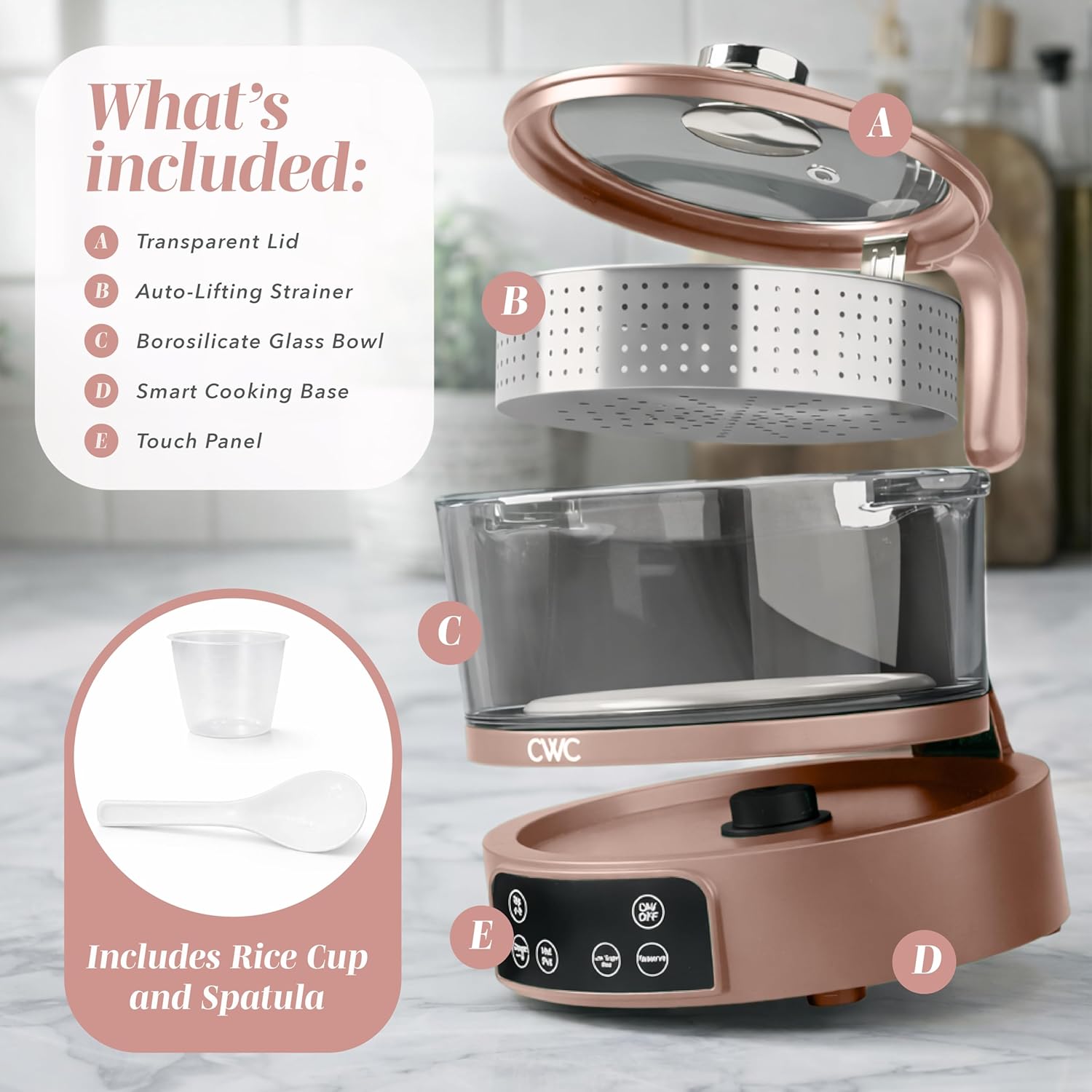 COOK WITH COLOR 3L Glass Mini Low Carb Rice Cooker – Holds 2 Cups Raw/Makes 6 Cups Cooked with Auto Lift Filter Basket, Hotpot & Steamer for Rice, Grains, Digital Panel with Keep Warm, Dusty Rose