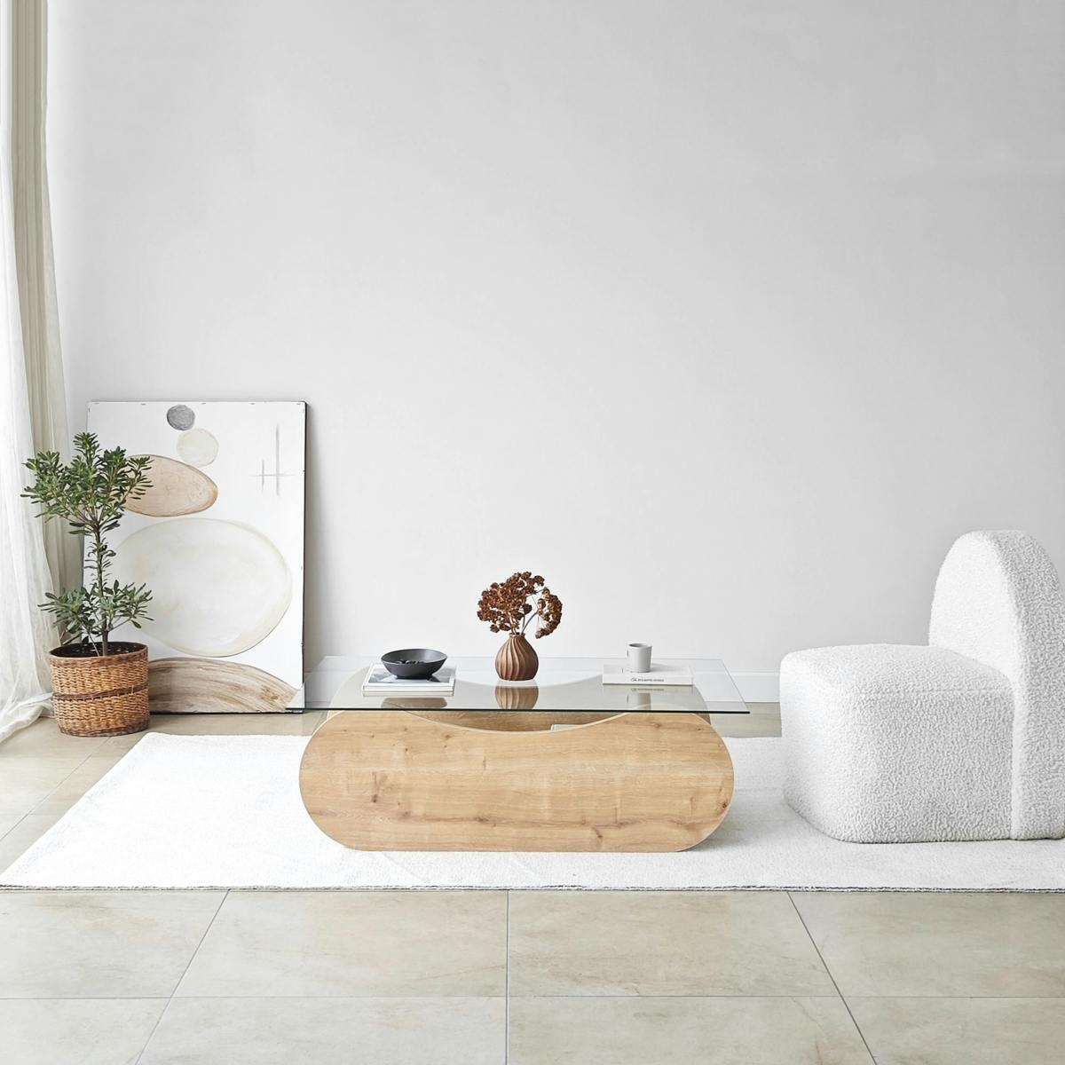 Table basse verre, base luge effet bois avec rangement SALTA