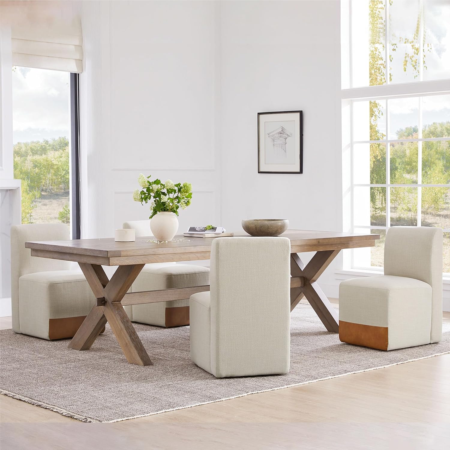CHITA Dining Chairs with Casters Set of 4, FSC Certified Upholstered Armless Modern Rolling Dining Chairs with Rollers for Bedroom Reading Room Living Room, Linen & Cognac Faux Leather Patchwork