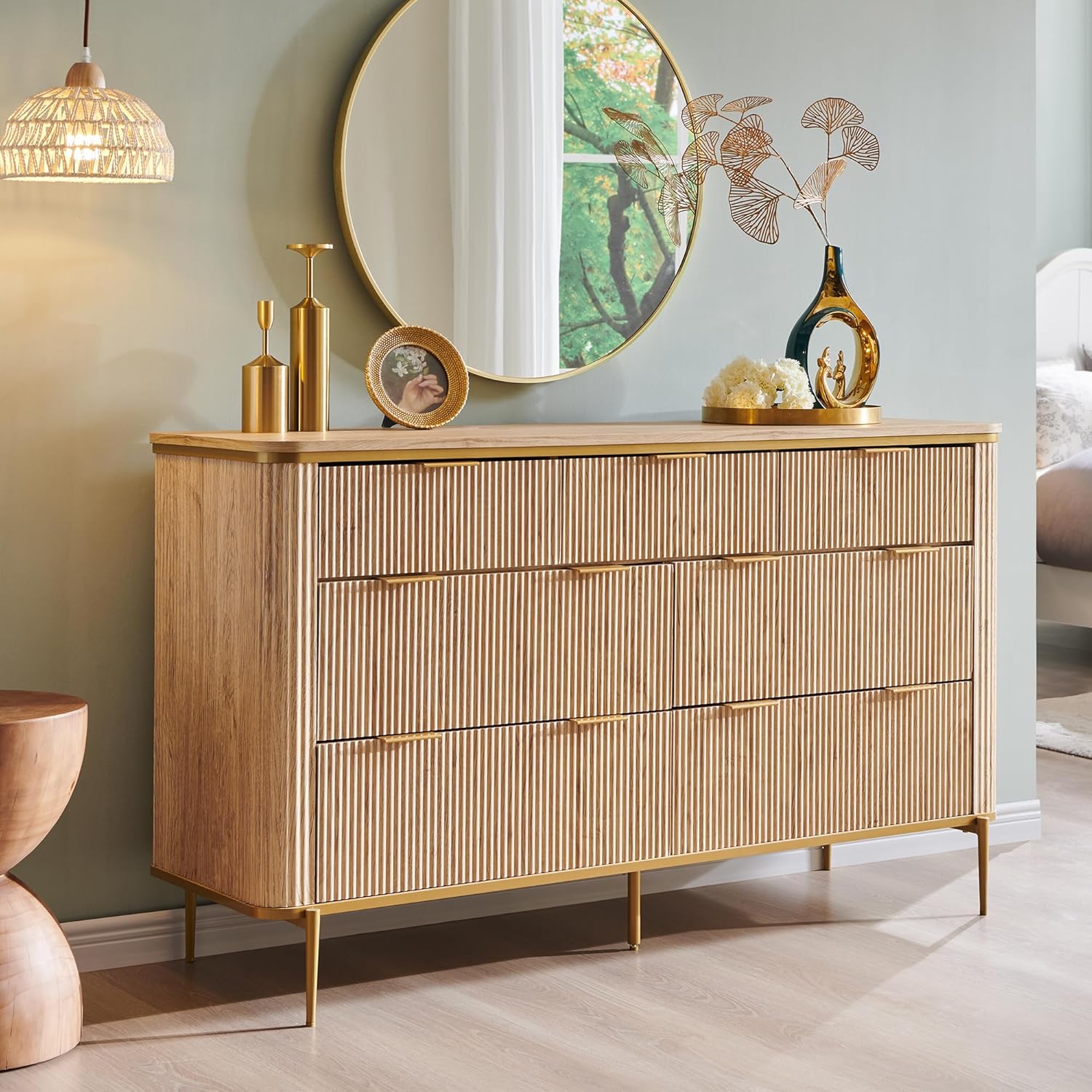 T4TREAM Fluted 7 Drawers Dresser for Bedroom, 54 Wide Modern Dresser TV Stand, Gold Accents, Fluted Fronts, Wood Storage Dressers Organizer for Bedroom, Living Room, Natural Oak
