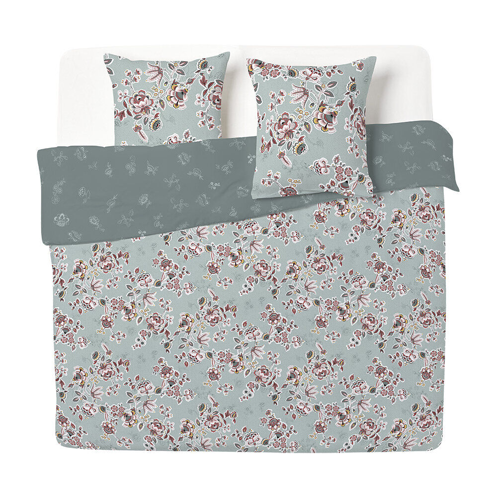 Parure de lit 2 personnes 240x260cm motif floral vert et rose